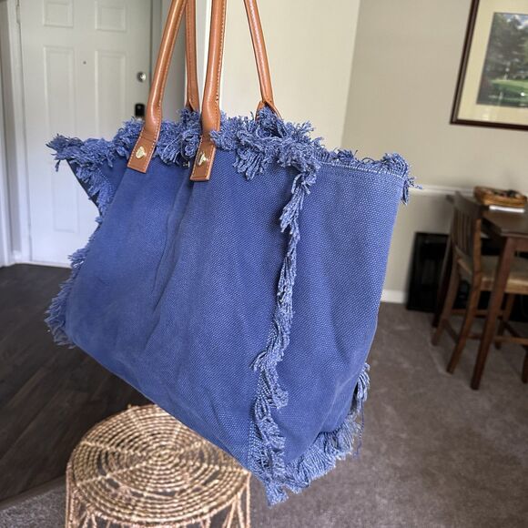 Melissa Odabash Cap Ferrat tote bag in navy blue cotton with leather handles - Picture 3 of 11